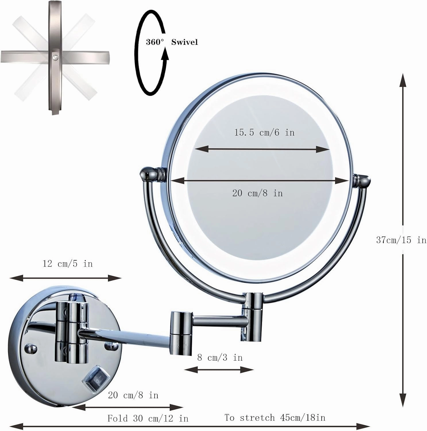 Makeup Mirror Wall Mounted, LED Lighted Cosmetic Mirror with Magnification, 360° Swivel Vanity Mirror, Double Sided Bathroom Mirror, for Make up, Shave Wait (Silver Concealed 10X)