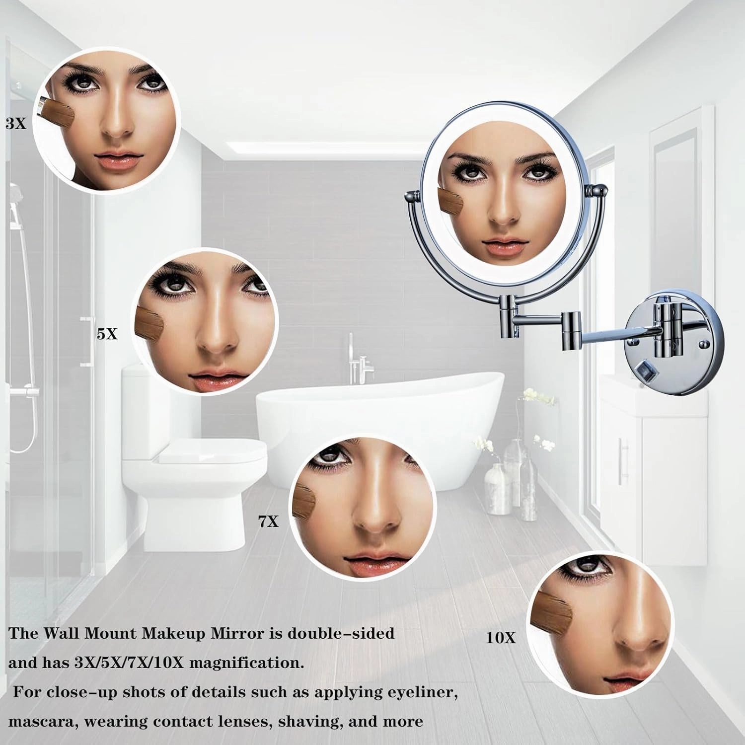 Makeup Mirror Wall Mounted, LED Lighted Cosmetic Mirror with Magnification, 360° Swivel Vanity Mirror, Double Sided Bathroom Mirror, for Make up, Shave Wait (Silver Concealed 10X)
