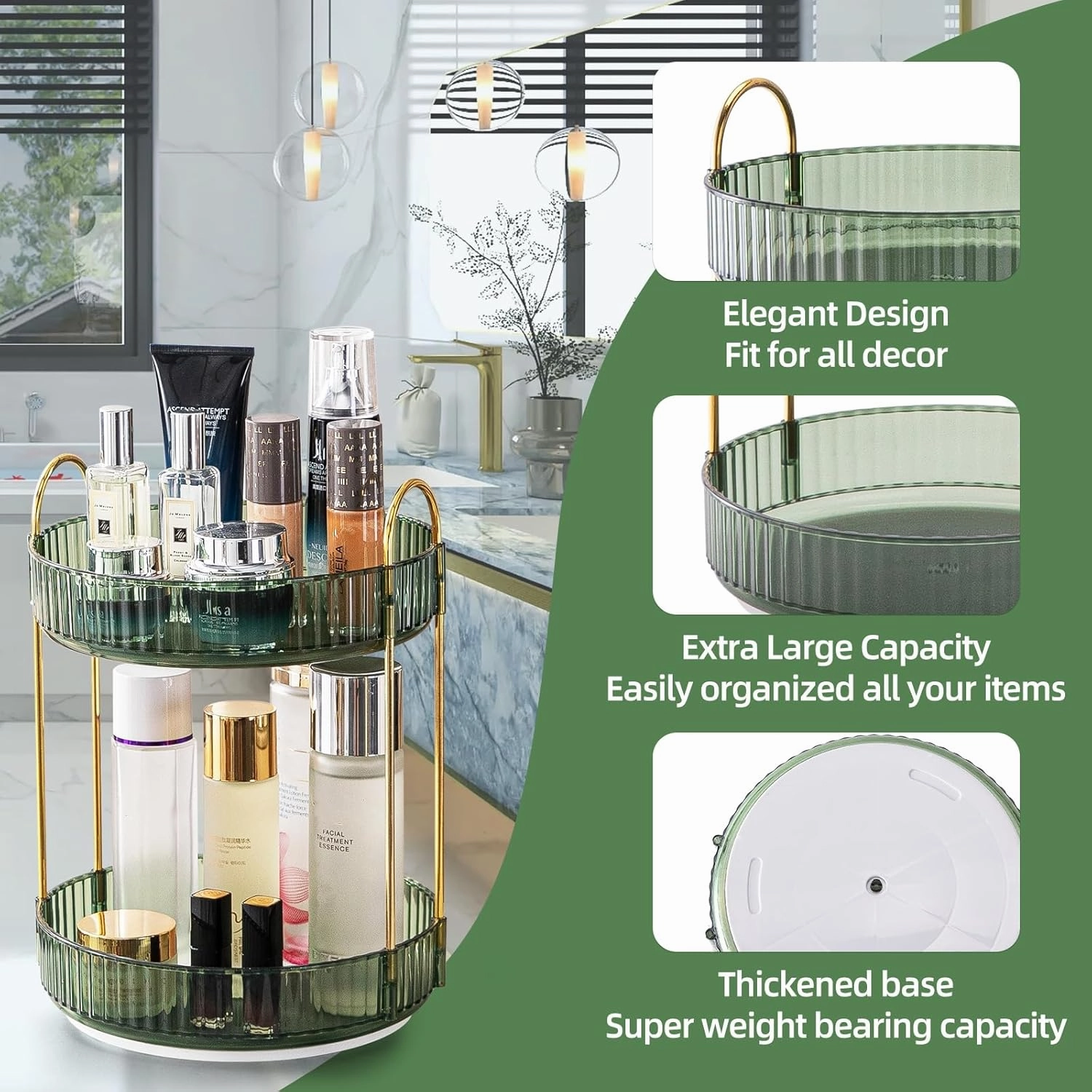 Makeup Organizer - 360 Rotating Cosmetics Organizer for Vanity, Bathroom Countertop & Dresser - High-Capacity, 2 Tiers (Green)