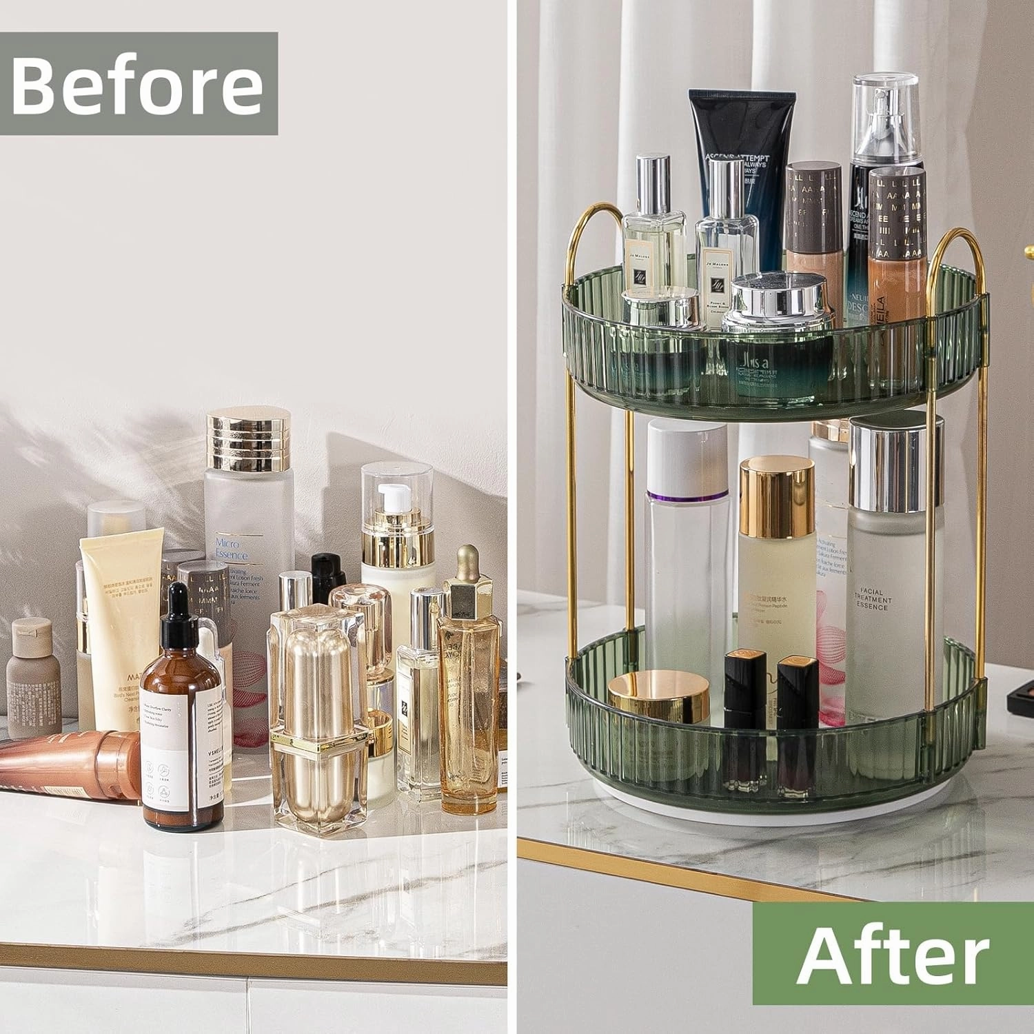 Makeup Organizer - 360 Rotating Cosmetics Organizer for Vanity, Bathroom Countertop & Dresser - High-Capacity, 2 Tiers (Green)