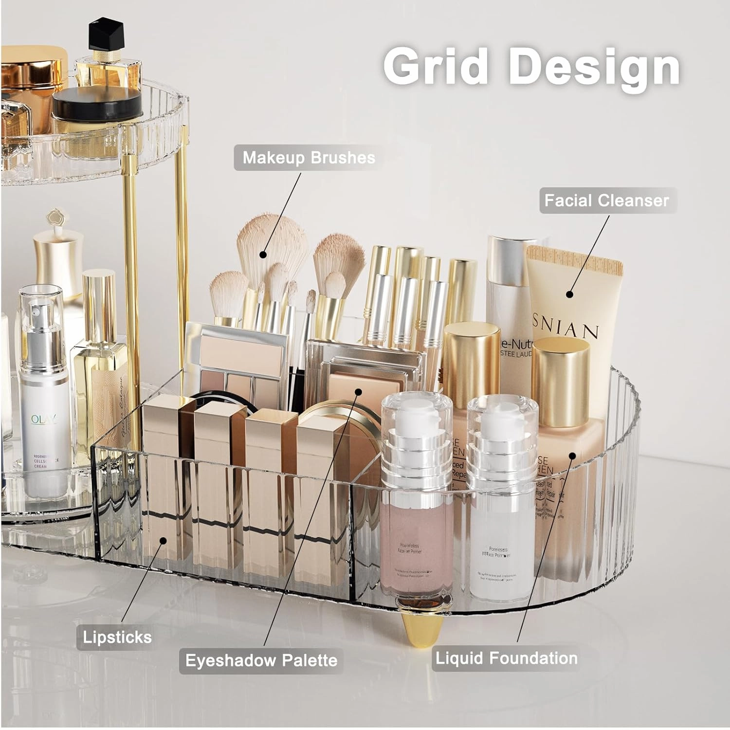 Makeup Organizer Countertop for Vanity, Rotating Skincare Organizers and Storage, 2-in-1 Cosmetic Organizer Display Case with Makeup Holder Perfume Tray for Desk Counter Bathroom Dresser