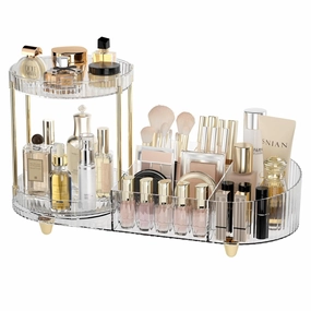 Makeup Organizer Countertop for Vanity, Rotating Skincare Organizers and Storage, 2-in-1 Cosmetic Organizer Display Case with Makeup Holder Perfume Tray for Desk Counter Bathroom Dresser