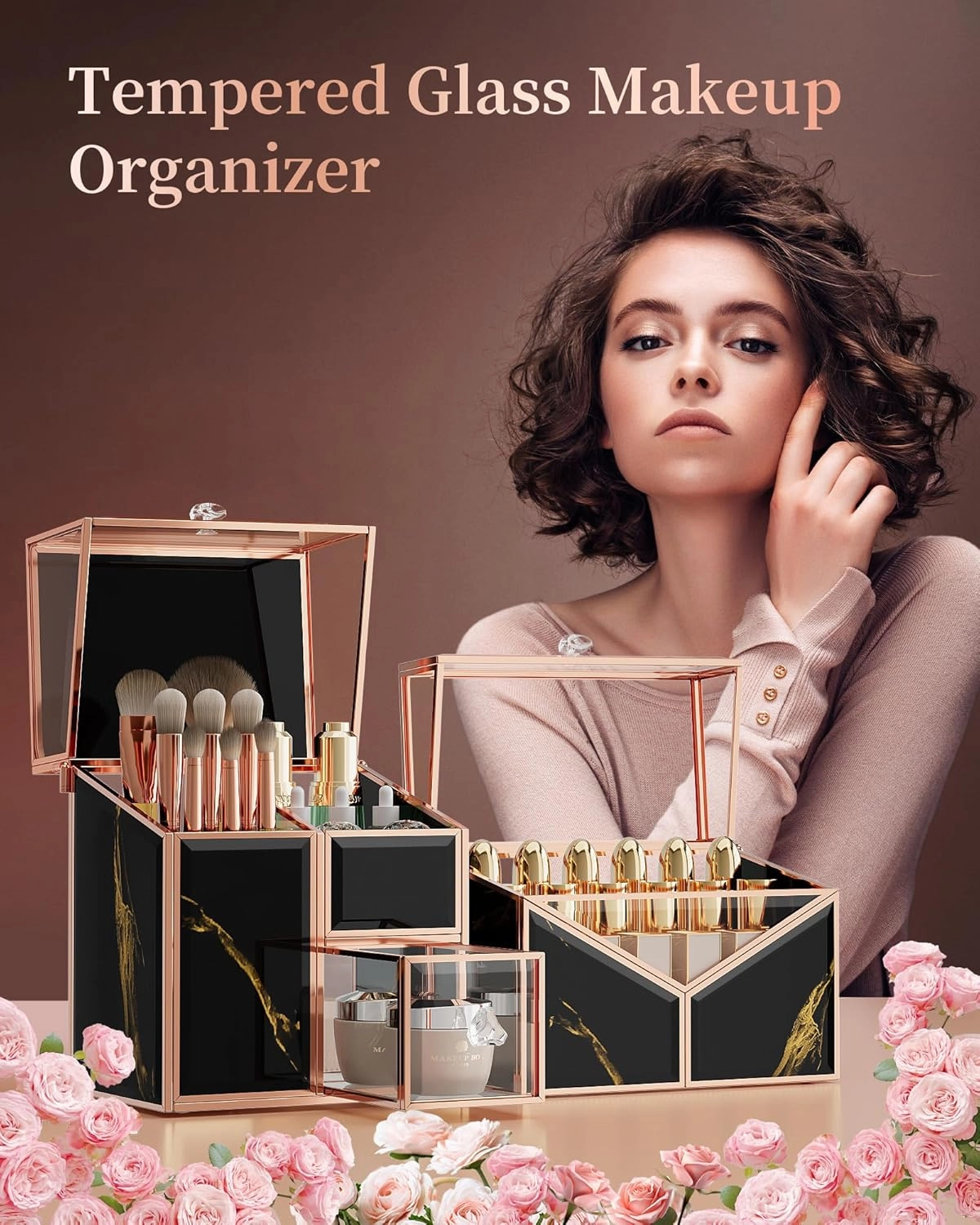 Makeup Organizer Countertop Glass – Vanity Holder with 18-Slot Lipstick Organizer & Covered Makeup Brush Holder – Skincare, Perfume & Cosmetic Display for Bathroom or Dresser