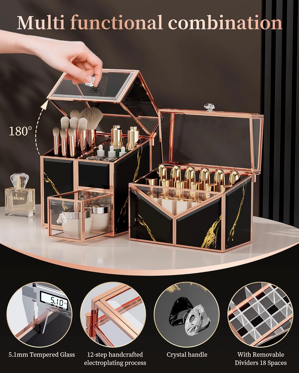 Makeup Organizer Countertop Glass – Vanity Holder with 18-Slot Lipstick Organizer & Covered Makeup Brush Holder – Skincare, Perfume & Cosmetic Display for Bathroom or Dresser