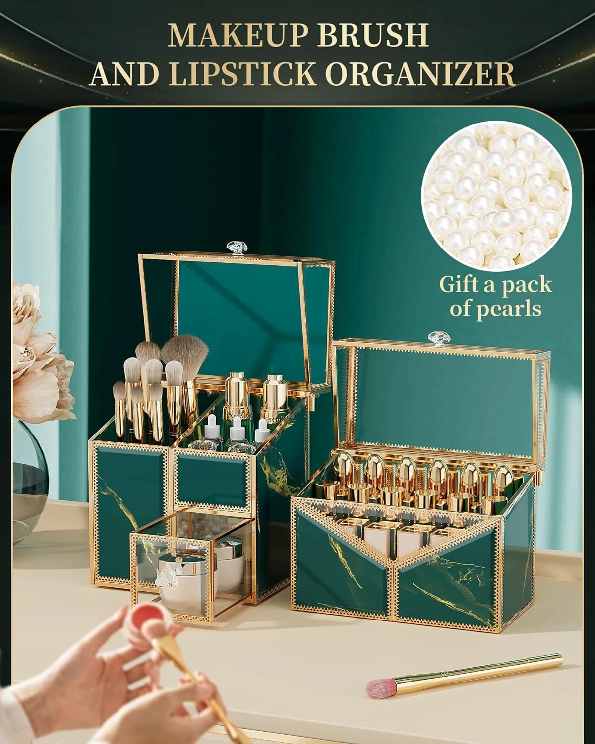 Makeup Organizer Countertop Set – Vanity Holder with 18-Slot Lipstick Organizer & Covered Makeup Brush Holder – Skincare, Perfume & Cosmetic Display for Bathroom or Dresser