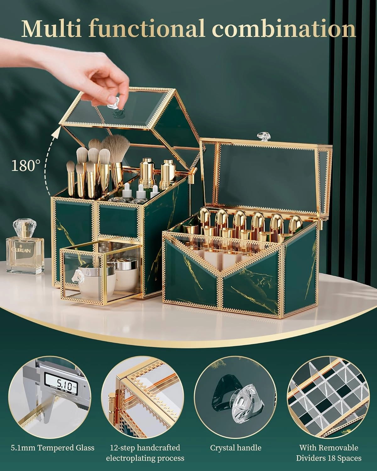 Makeup Organizer Countertop Set – Vanity Holder with 18-Slot Lipstick Organizer & Covered Makeup Brush Holder – Skincare, Perfume & Cosmetic Display for Bathroom or Dresser
