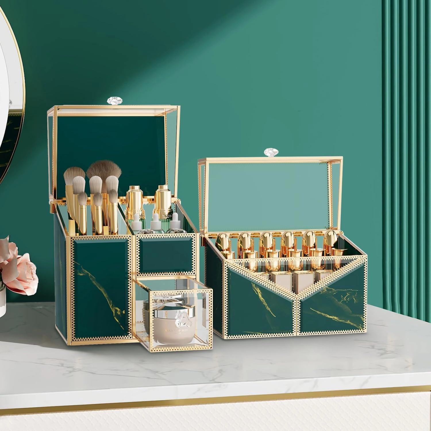 Makeup Organizer Countertop Set – Vanity Holder with 18-Slot Lipstick Organizer & Covered Makeup Brush Holder – Skincare, Perfume & Cosmetic Display for Bathroom or Dresser