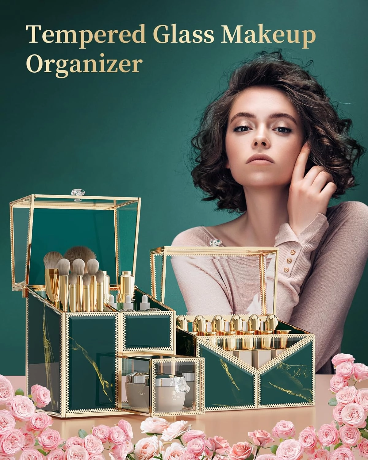 Makeup Organizer Countertop Set – Vanity Holder with 18-Slot Lipstick Organizer & Covered Makeup Brush Holder – Skincare, Perfume & Cosmetic Display for Bathroom or Dresser