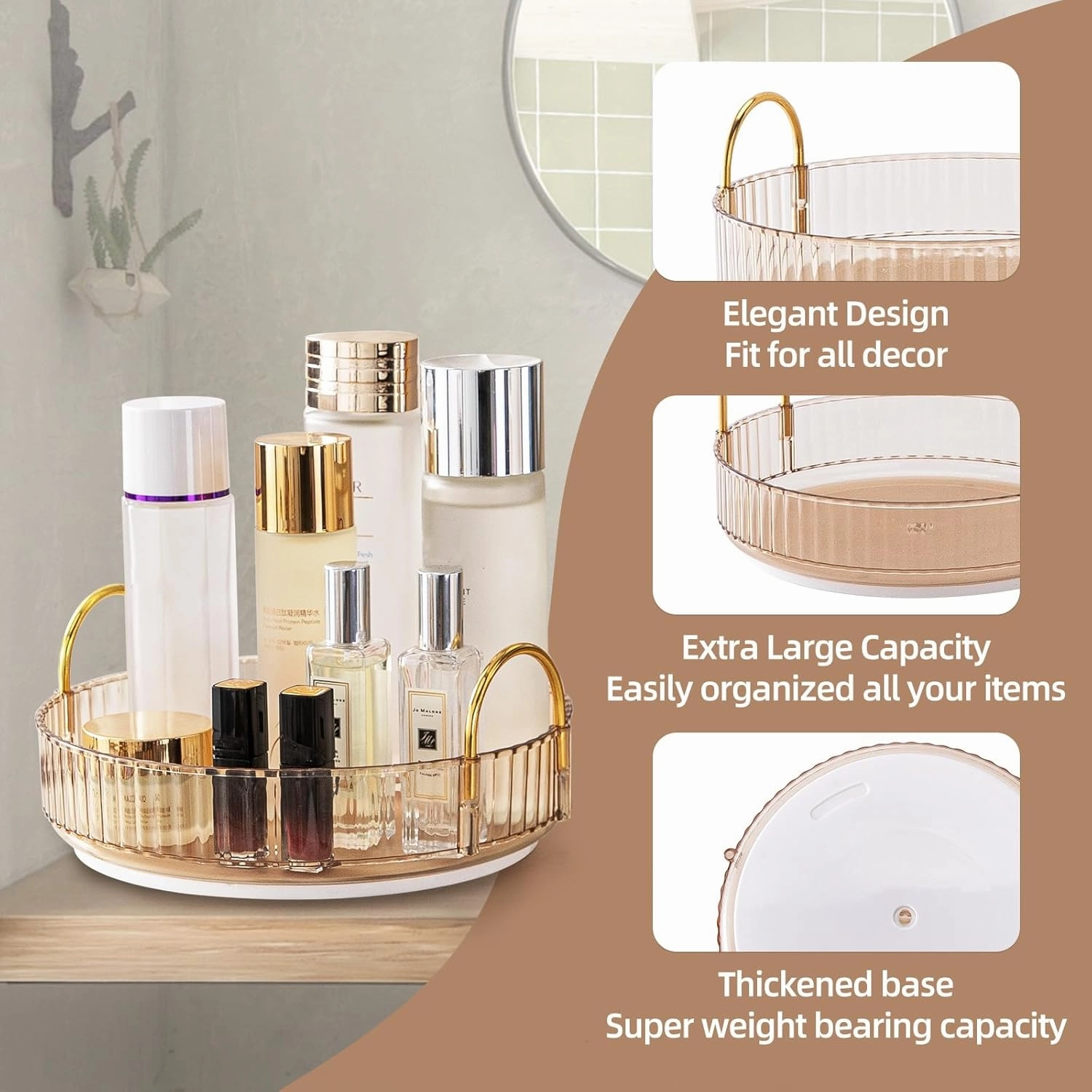 Makeup Organizer for Vanity, 360° Rotating Bathroom Organizer Countertop, High-Capacity Skincare Organizer, Spinning Cosmetics Organizer for Dresser Countertop (1 Tier, Amber)