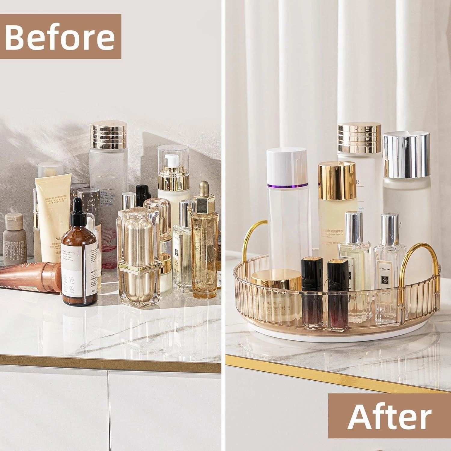 Makeup Organizer for Vanity, 360° Rotating Bathroom Organizer Countertop, High-Capacity Skincare Organizer, Spinning Cosmetics Organizer for Dresser Countertop (1 Tier, Amber)