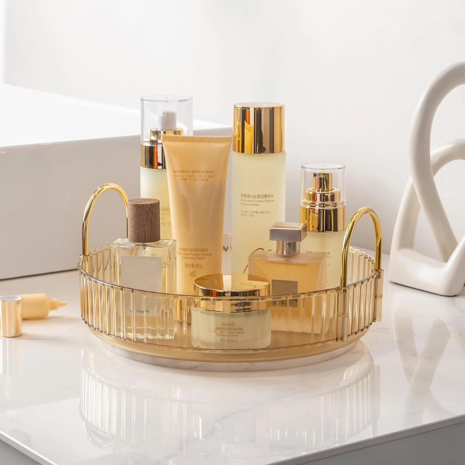 Makeup Organizer for Vanity, 360° Rotating Bathroom Organizer Countertop, High-Capacity Skincare Organizer, Spinning Cosmetics Organizer for Dresser Countertop (1 Tier, Amber)