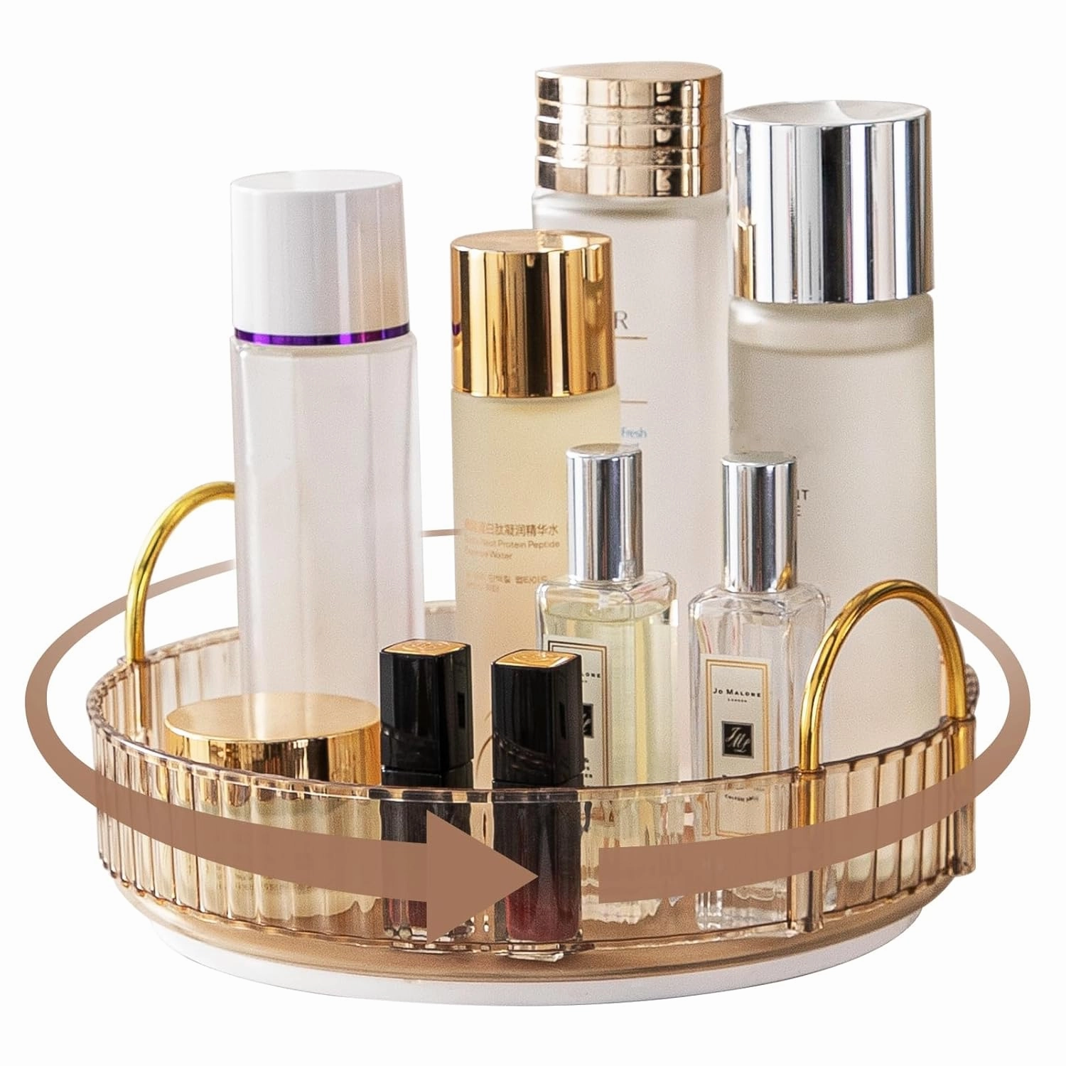 Makeup Organizer for Vanity, 360° Rotating Bathroom Organizer Countertop, High-Capacity Skincare Organizer, Spinning Cosmetics Organizer for Dresser Countertop (1 Tier, Amber)