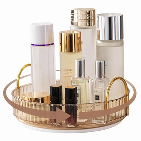 Makeup Organizer for Vanity, 360° Rotating Bathroom Organizer Countertop, High-Capacity Skincare Organizer, Spinning Cosmetics Organizer for Dresser Countertop (1 Tier, Amber)