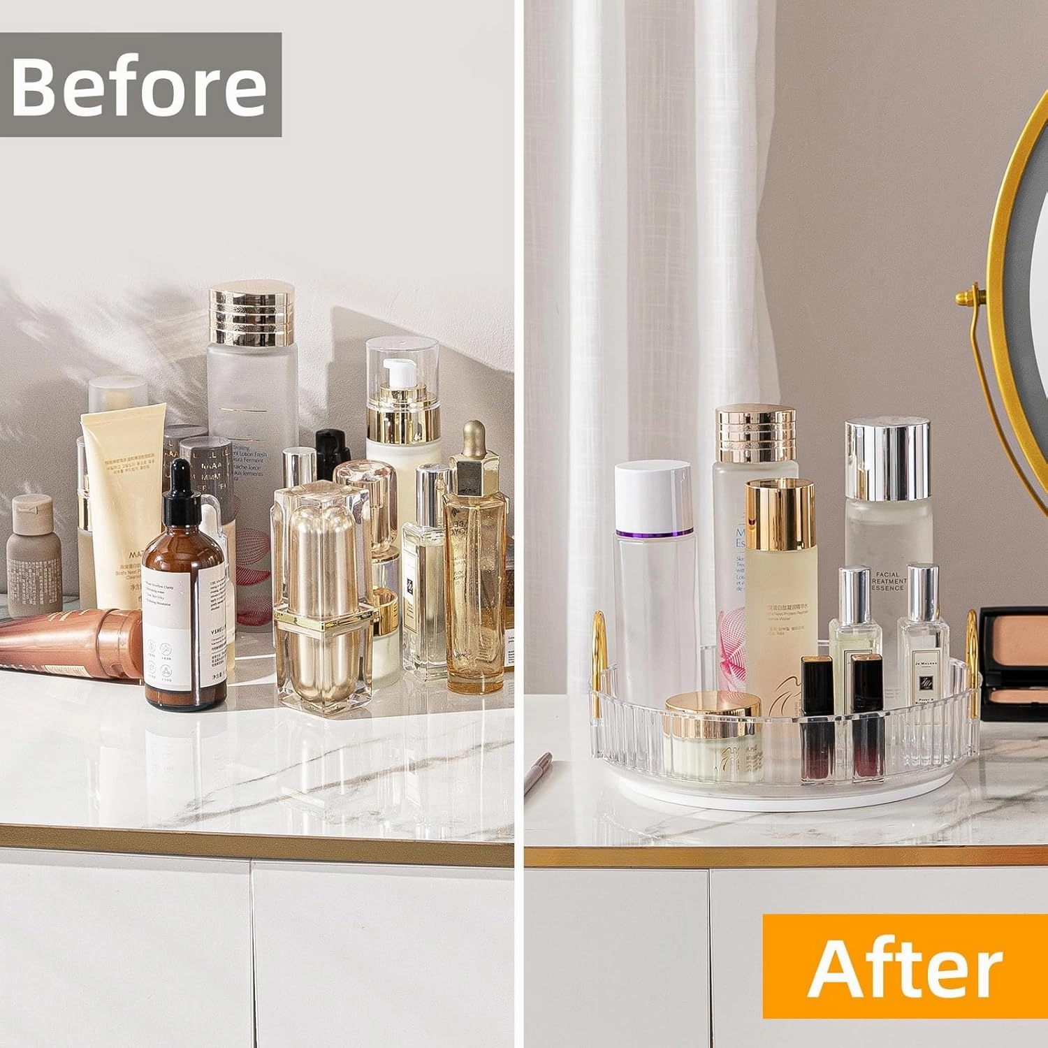 Makeup Organizer for Vanity, 360° Rotating Bathroom Organizer Countertop, High-Capacity Skincare Organizer, Spinning Cosmetics Organizer for Dresser Countertop (1 Tier, Clear)