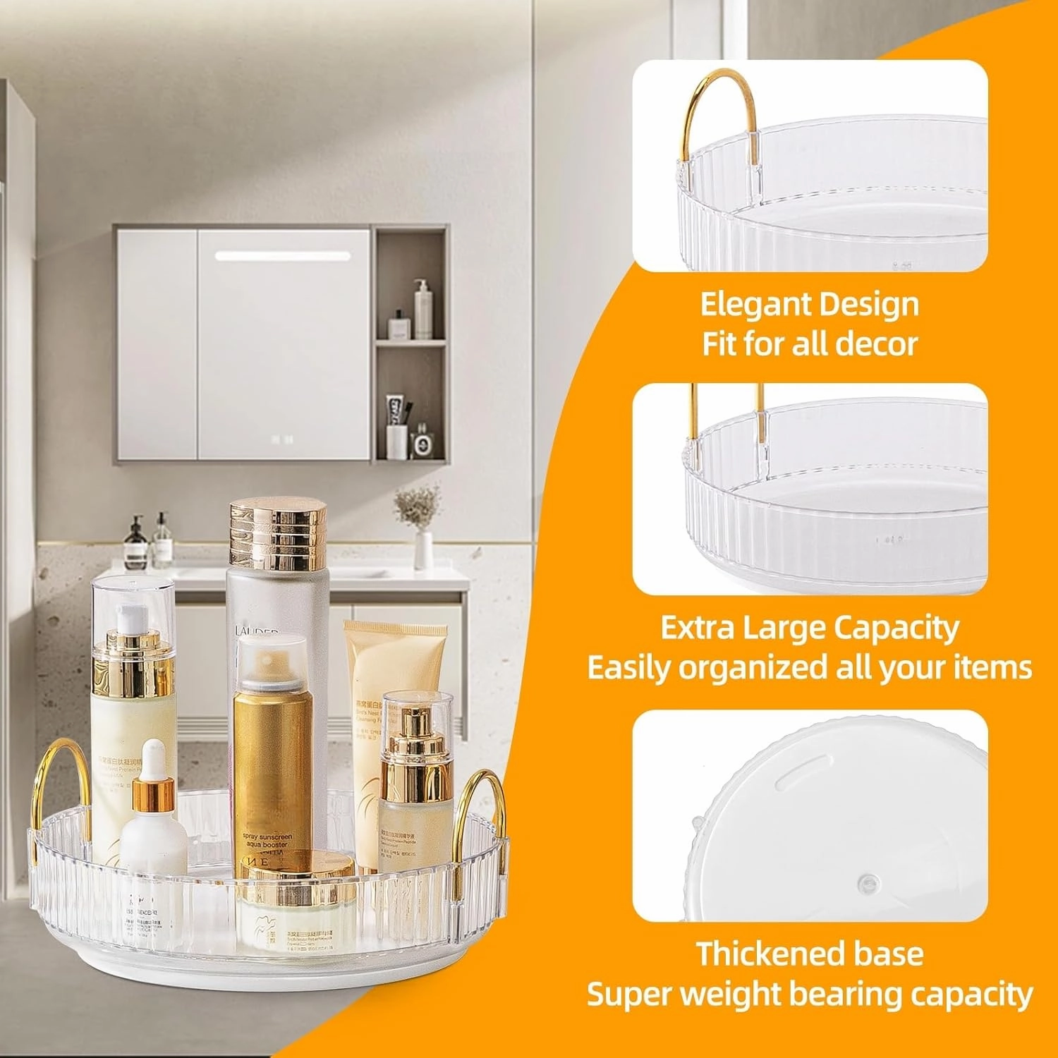 Makeup Organizer for Vanity, 360° Rotating Bathroom Organizer Countertop, High-Capacity Skincare Organizer, Spinning Cosmetics Organizer for Dresser Countertop (1 Tier, Clear)