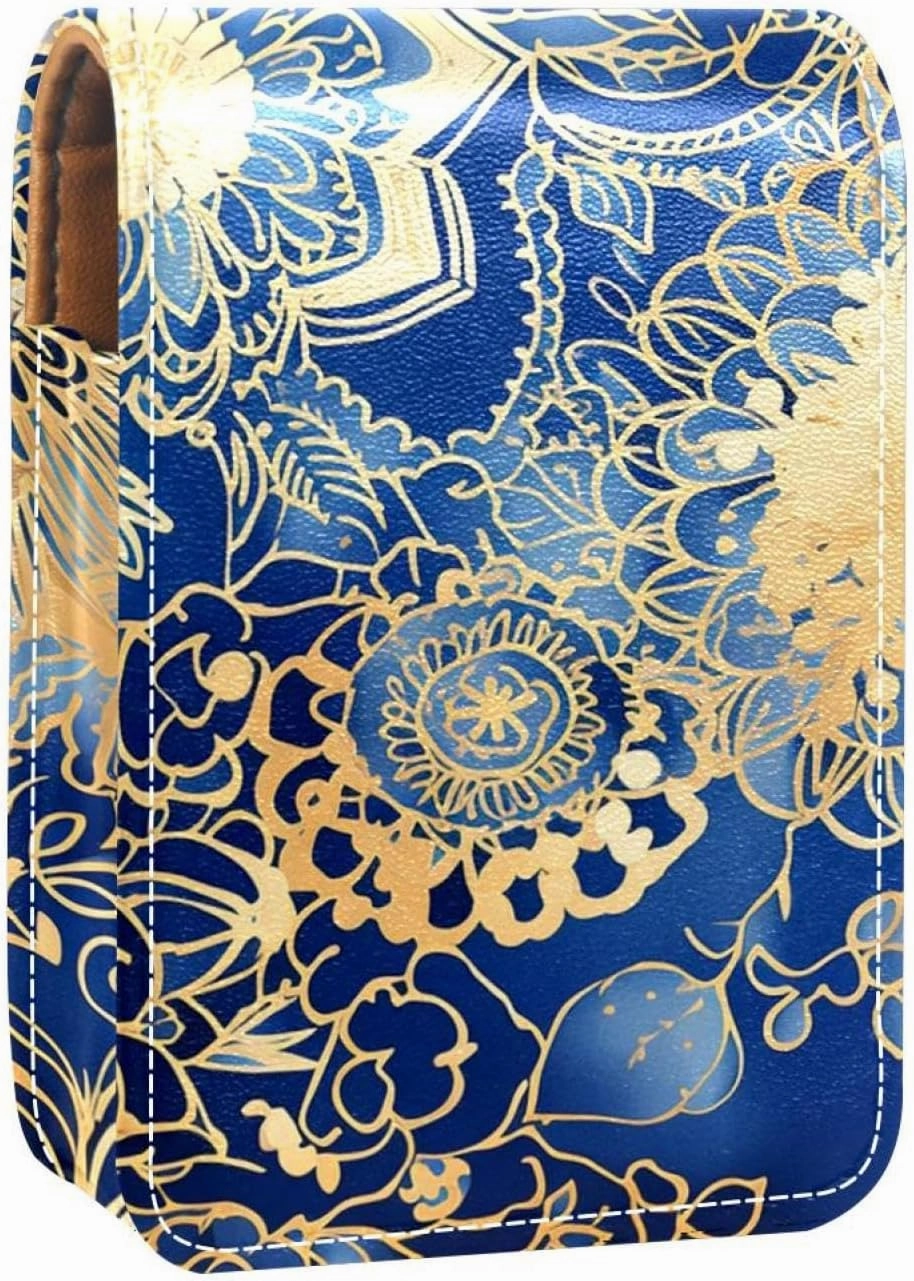Makeup Organizer,Makeup Lipstick Case for Outside Mini Bag Travel Cosmetic Pouch,Blue and Gold Mandala Pattern