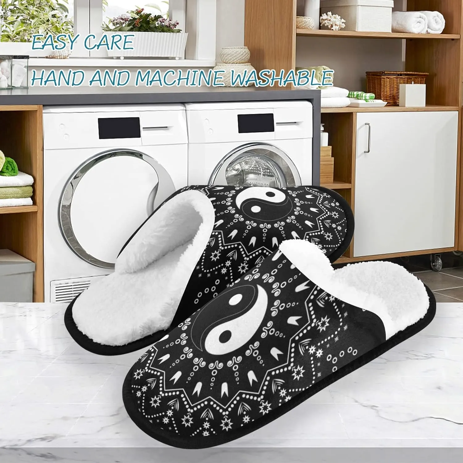 Mandala Yin Yang Slippers, Soft Memory Foam Non-Slip Indoor House Slippers Home Shoes for Bedroom Hotel Travel Spa