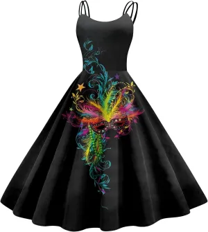 Mardi Gras Dress for Women Carnival Print Sexy Spaghetti Strap Cocktail Punk Vintage A-Line Swing Midi Dresses