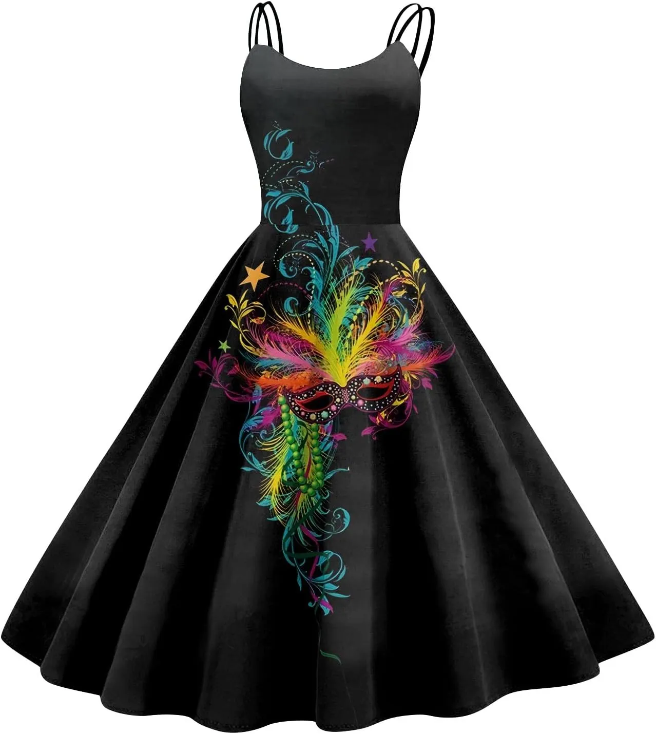 Mardi Gras Dress for Women Carnival Print Sexy Spaghetti Strap Cocktail Punk Vintage A-Line Swing Midi Dresses