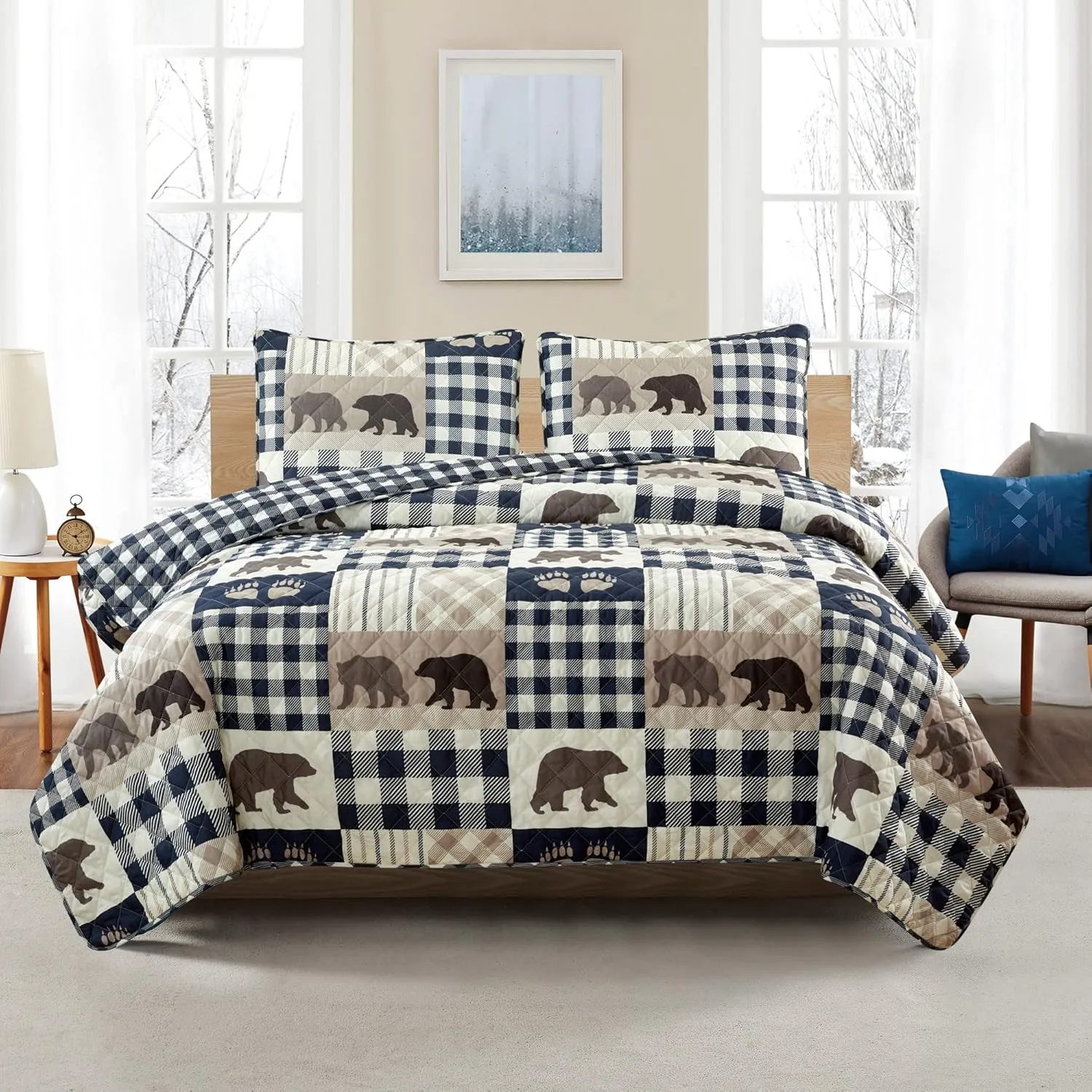 Market & Place 2 Piece Reversible Quilt Set with Sham | Twin Cabin Comforter Set | Rustic Bear Buffalo Check Lodge Bedding | Orson Collection (Twin, Navy/Taupe)