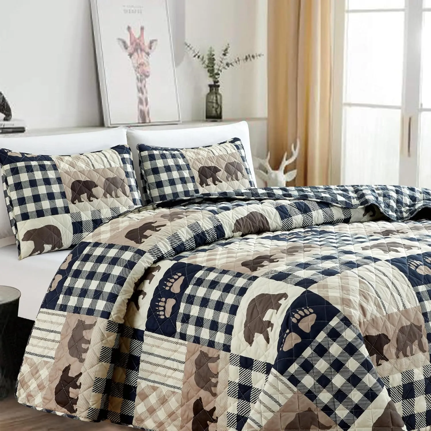Market & Place 2 Piece Reversible Quilt Set with Sham | Twin Cabin Comforter Set | Rustic Bear Buffalo Check Lodge Bedding | Orson Collection (Twin, Navy/Taupe)