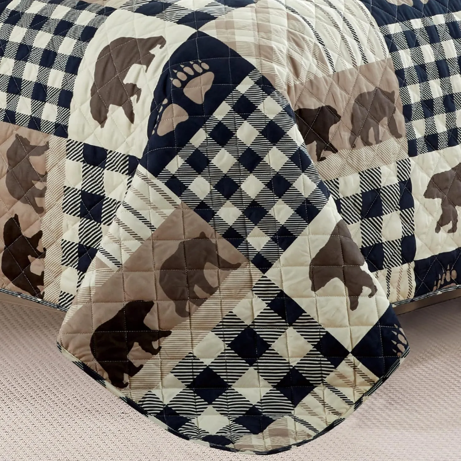 Market & Place 2 Piece Reversible Quilt Set with Sham | Twin Cabin Comforter Set | Rustic Bear Buffalo Check Lodge Bedding | Orson Collection (Twin, Navy/Taupe)