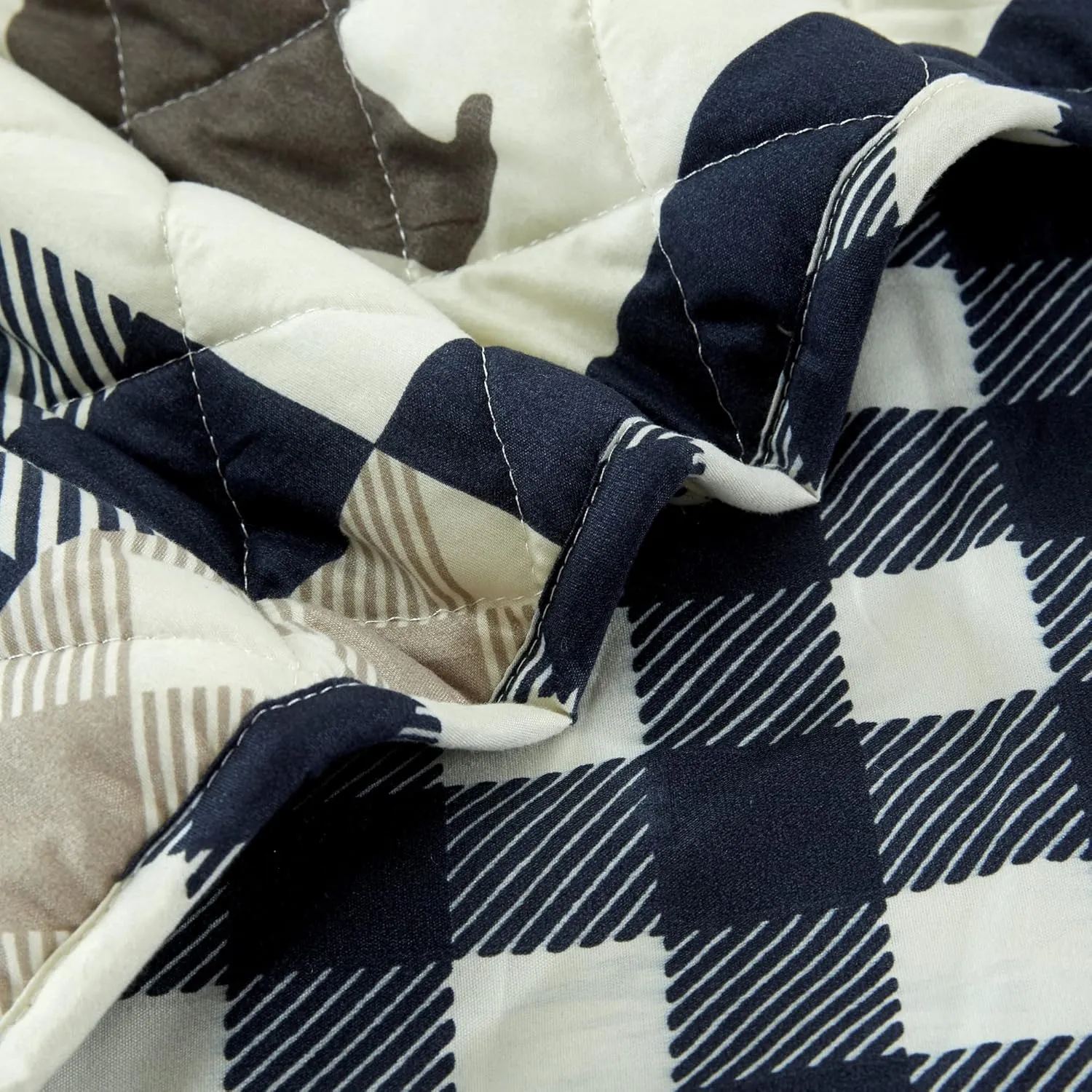Market & Place 2 Piece Reversible Quilt Set with Sham | Twin Cabin Comforter Set | Rustic Bear Buffalo Check Lodge Bedding | Orson Collection (Twin, Navy/Taupe)
