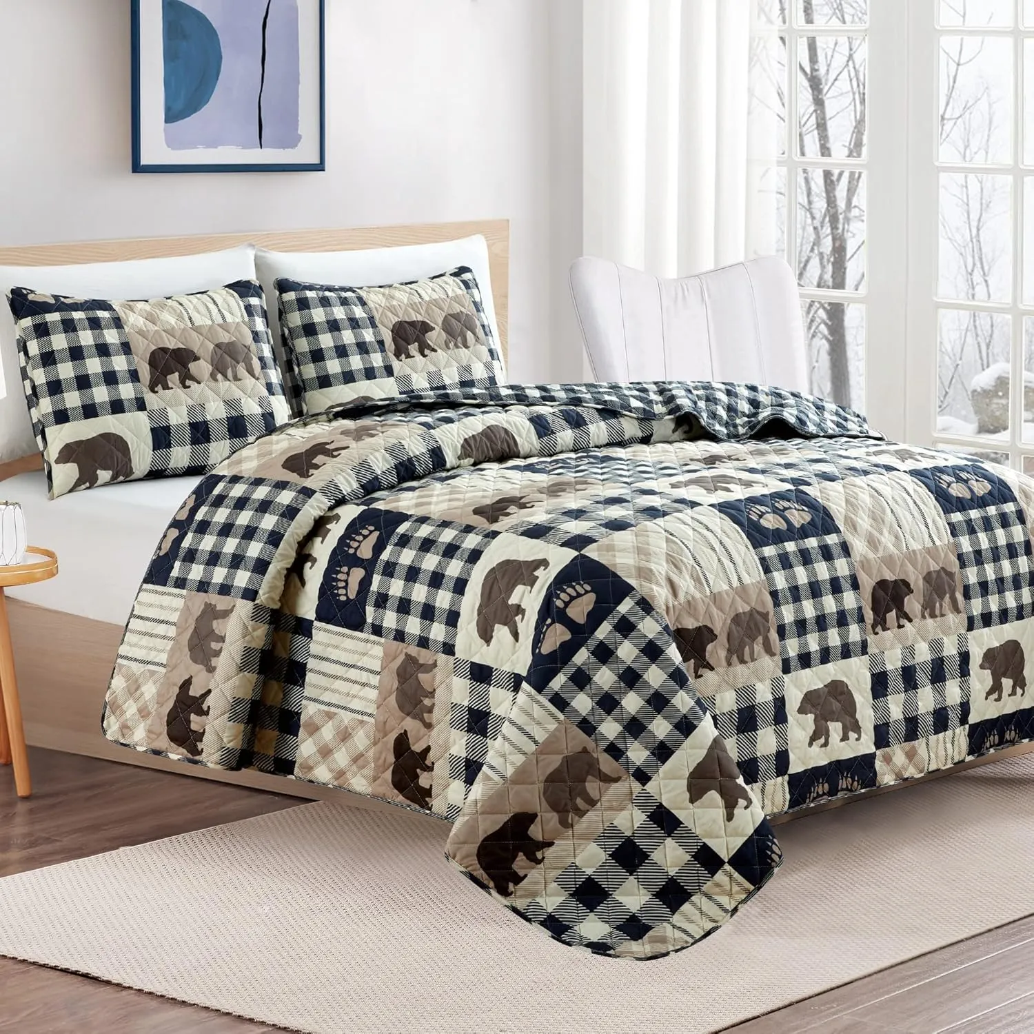 Market & Place 2 Piece Reversible Quilt Set with Sham | Twin Cabin Comforter Set | Rustic Bear Buffalo Check Lodge Bedding | Orson Collection (Twin, Navy/Taupe)