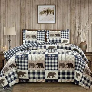 Market & Place 2 Piece Reversible Quilt Set with Sham | Twin Cabin Comforter Set | Rustic Bear Buffalo Check Lodge Bedding | Orson Collection (Twin, Navy/Taupe)