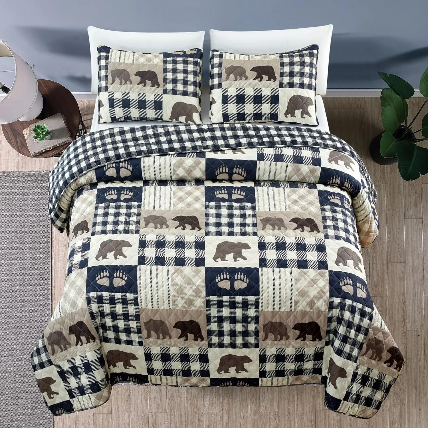 Market & Place 2 Piece Reversible Quilt Set with Sham | Twin Cabin Comforter Set | Rustic Bear Buffalo Check Lodge Bedding | Orson Collection (Twin, Navy/Taupe)