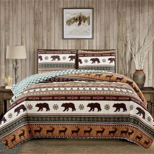 Market & Place 3 Piece Reversible Quilt Set with Shams | Cabin Comforter Bedspread Queen | Rustic Lodge Buffalo Check Design | Cedar Creek Collection (Full/Queen, Green/Taupe)