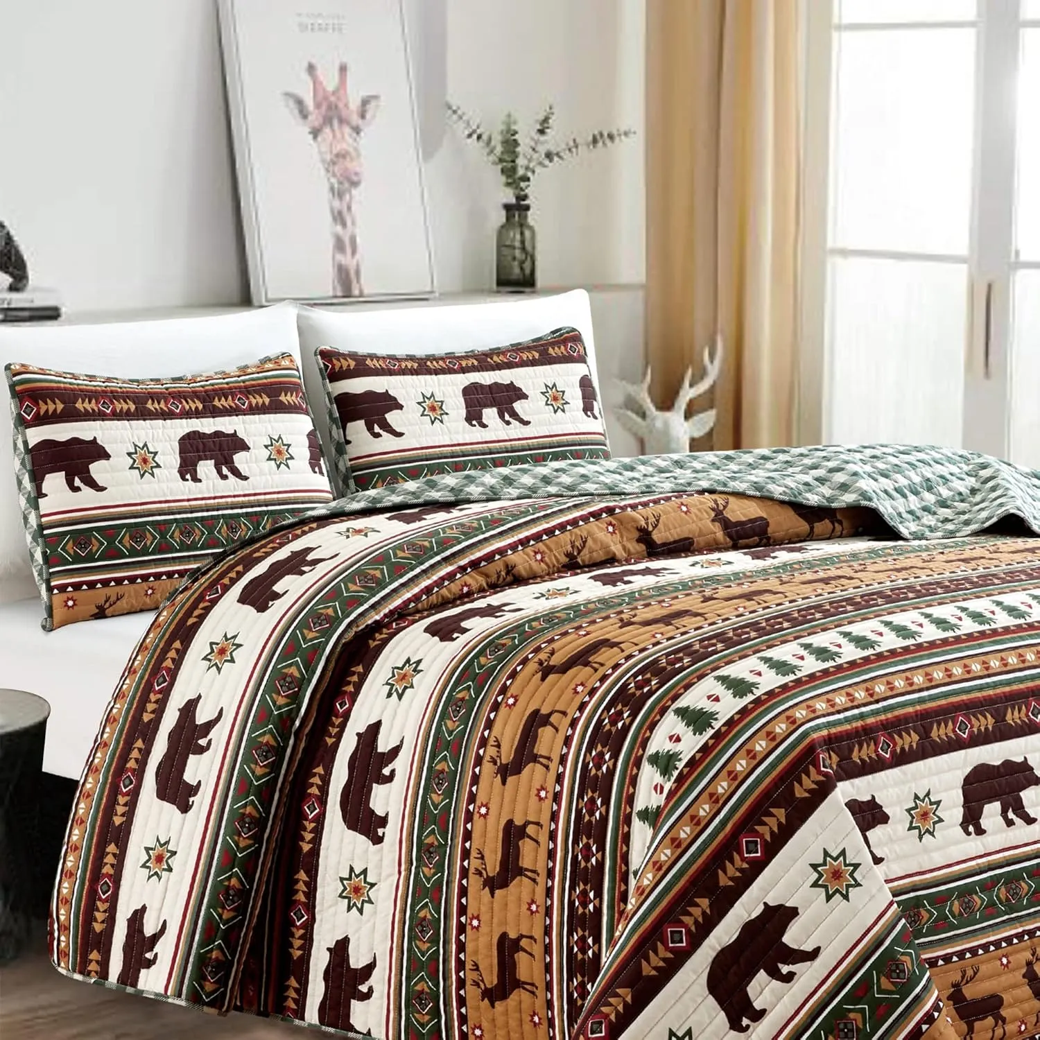 Market & Place 3 Piece Reversible Quilt Set with Shams | Cabin Comforter Bedspread Queen | Rustic Lodge Buffalo Check Design | Cedar Creek Collection (Full/Queen, Green/Taupe)