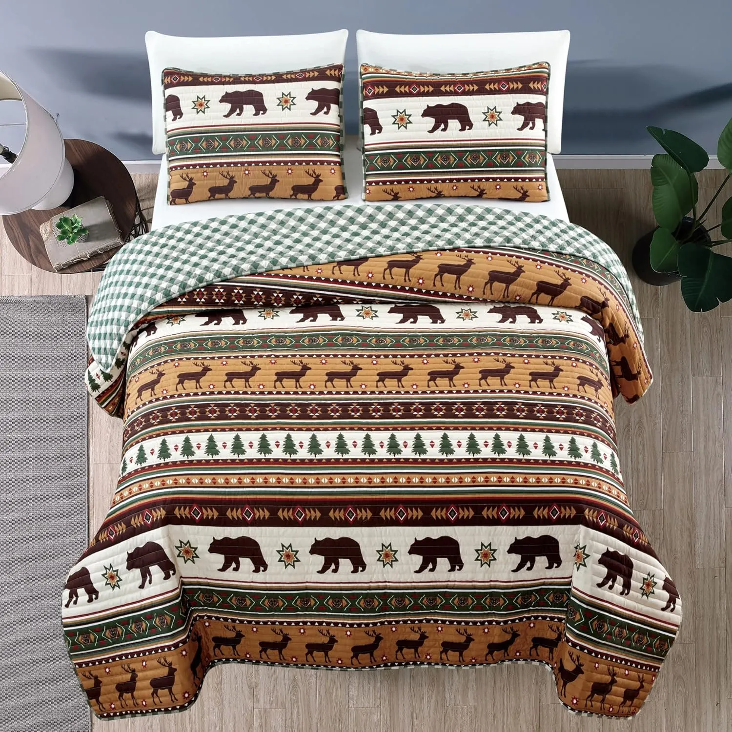 Market & Place 3 Piece Reversible Quilt Set with Shams | Cabin Comforter Bedspread Queen | Rustic Lodge Buffalo Check Design | Cedar Creek Collection (Full/Queen, Green/Taupe)