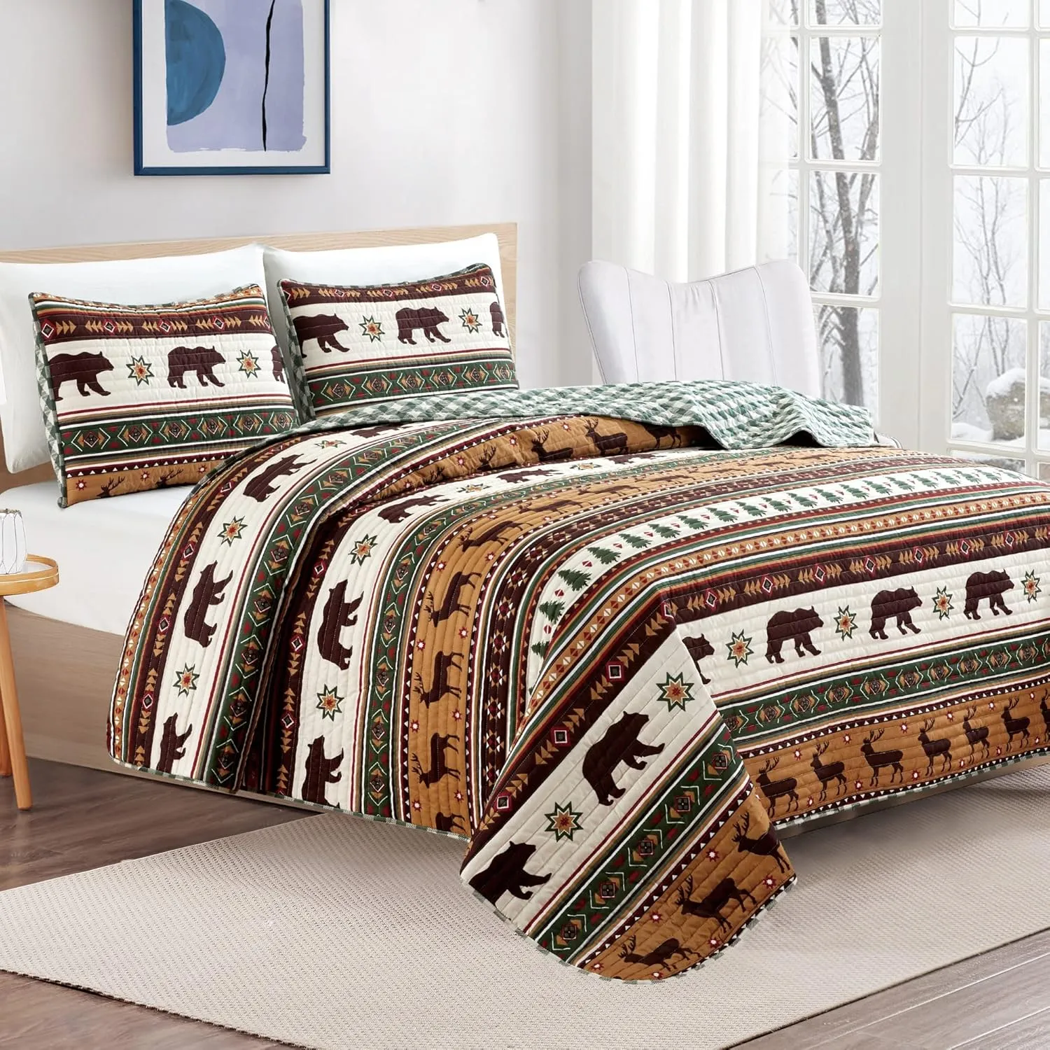 Market & Place 3 Piece Reversible Quilt Set with Shams | Cabin Comforter Bedspread Queen | Rustic Lodge Buffalo Check Design | Cedar Creek Collection (Full/Queen, Green/Taupe)