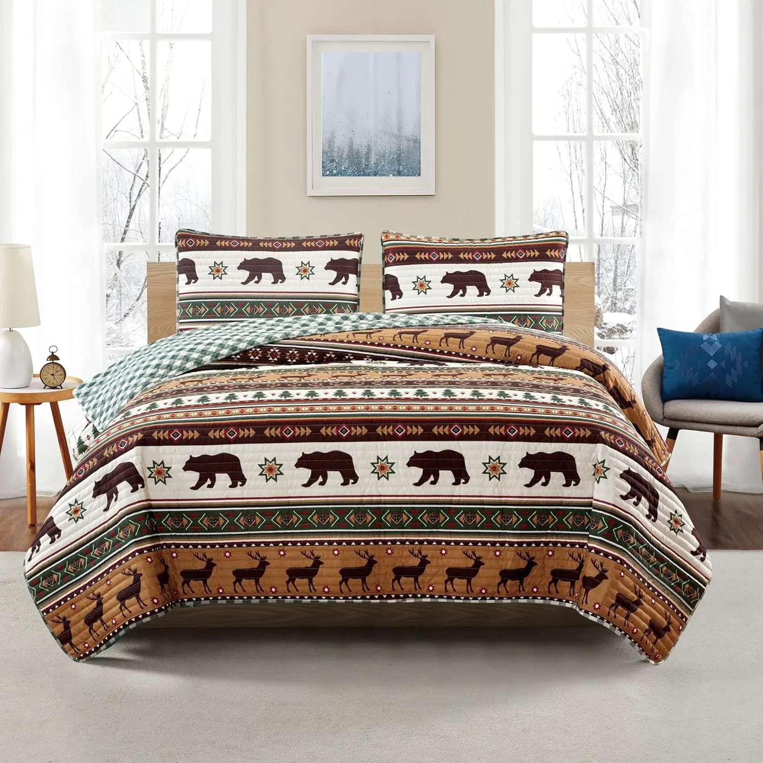 Market & Place 3 Piece Reversible Quilt Set with Shams | Cabin Comforter Bedspread Queen | Rustic Lodge Buffalo Check Design | Cedar Creek Collection (Full/Queen, Green/Taupe)