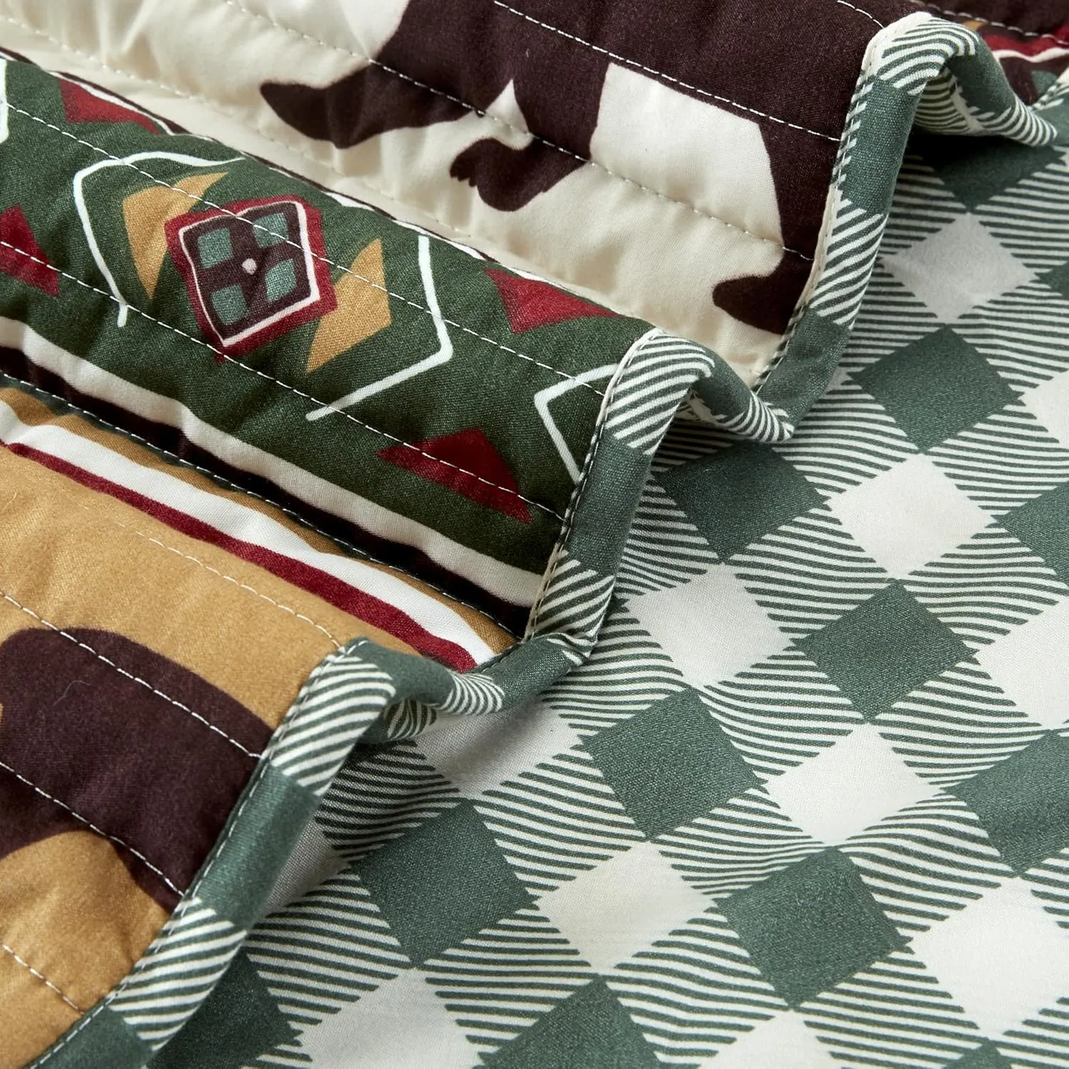 Market & Place 3 Piece Reversible Quilt Set with Shams | Cabin Comforter Bedspread Queen | Rustic Lodge Buffalo Check Design | Cedar Creek Collection (Full/Queen, Green/Taupe)