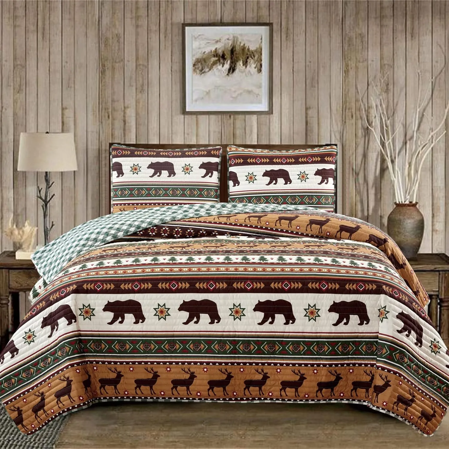 Market & Place 3 Piece Reversible Quilt Set with Shams | Cabin Comforter Bedspread Queen | Rustic Lodge Buffalo Check Design | Cedar Creek Collection (Full/Queen, Green/Taupe)