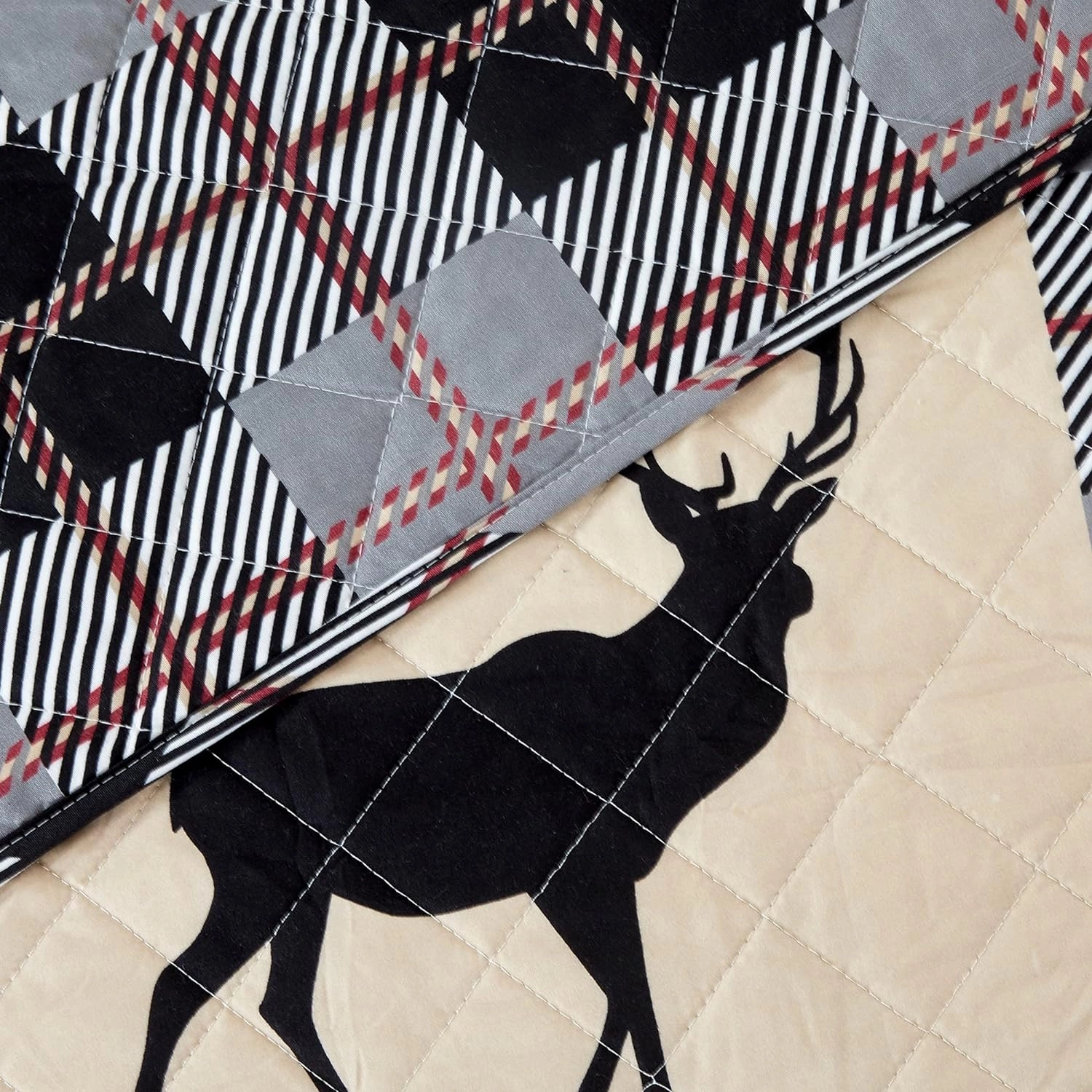 Market & Place 3 Piece Reversible Quilt Set with Shams | All-Season Soft & Lightweight Bedspread | Rustic Lodge Cabin Plaid Patchwork Design | Everest Collection (Full/Queen, Grey/Taupe)