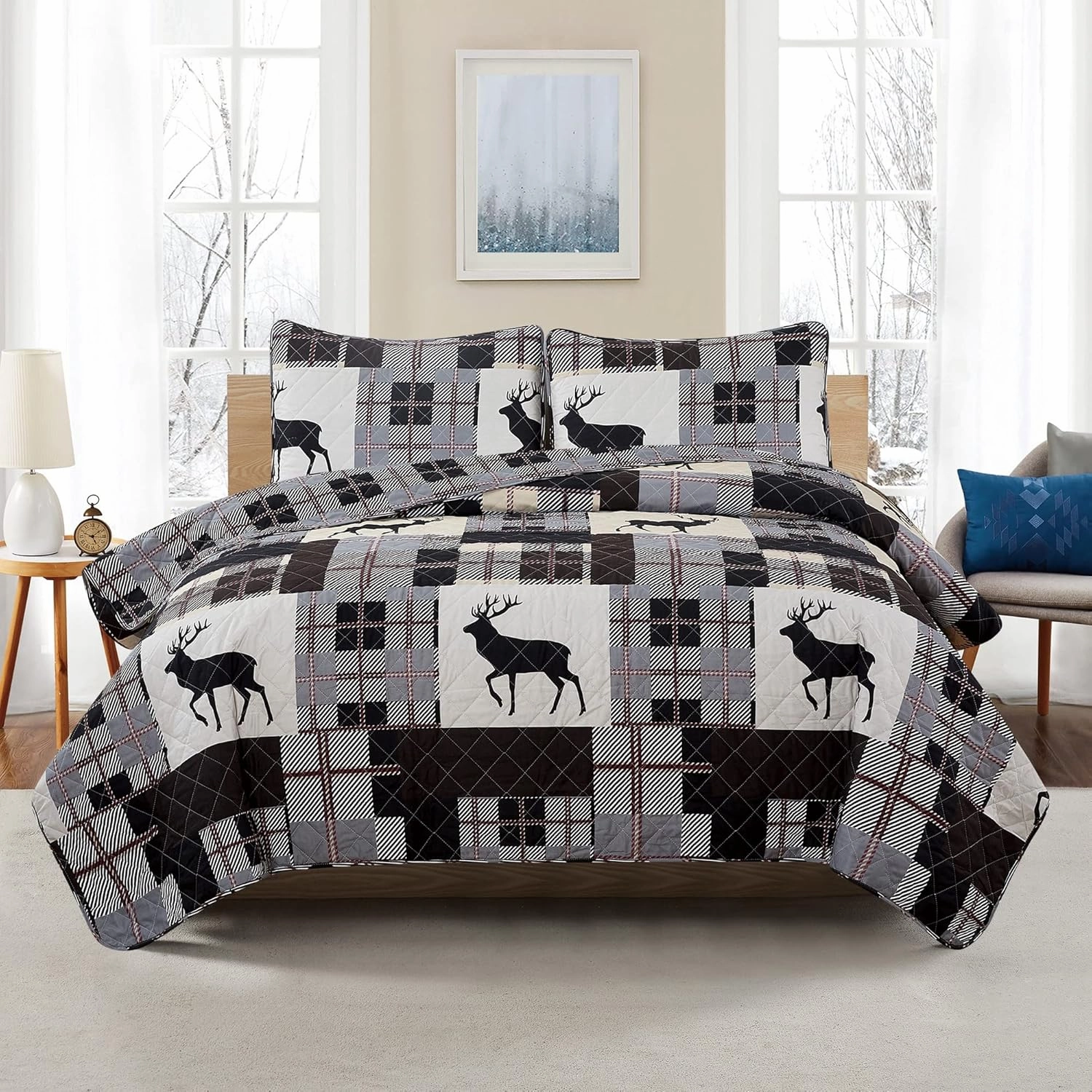 Market & Place 3 Piece Reversible Quilt Set with Shams | All-Season Soft & Lightweight Bedspread | Rustic Lodge Cabin Plaid Patchwork Design | Everest Collection (Full/Queen, Grey/Taupe)