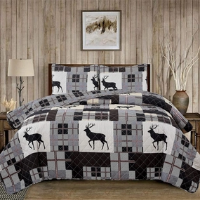 Market & Place 3 Piece Reversible Quilt Set with Shams | All-Season Soft & Lightweight Bedspread | Rustic Lodge Cabin Plaid Patchwork Design | Everest Collection (Full/Queen, Grey/Taupe)