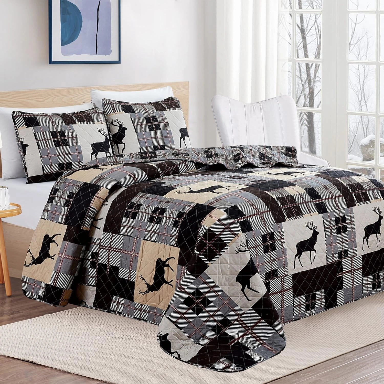 Market & Place 3 Piece Reversible Quilt Set with Shams | All-Season Soft & Lightweight Bedspread | Rustic Lodge Cabin Plaid Patchwork Design | Everest Collection (Full/Queen, Grey/Taupe)