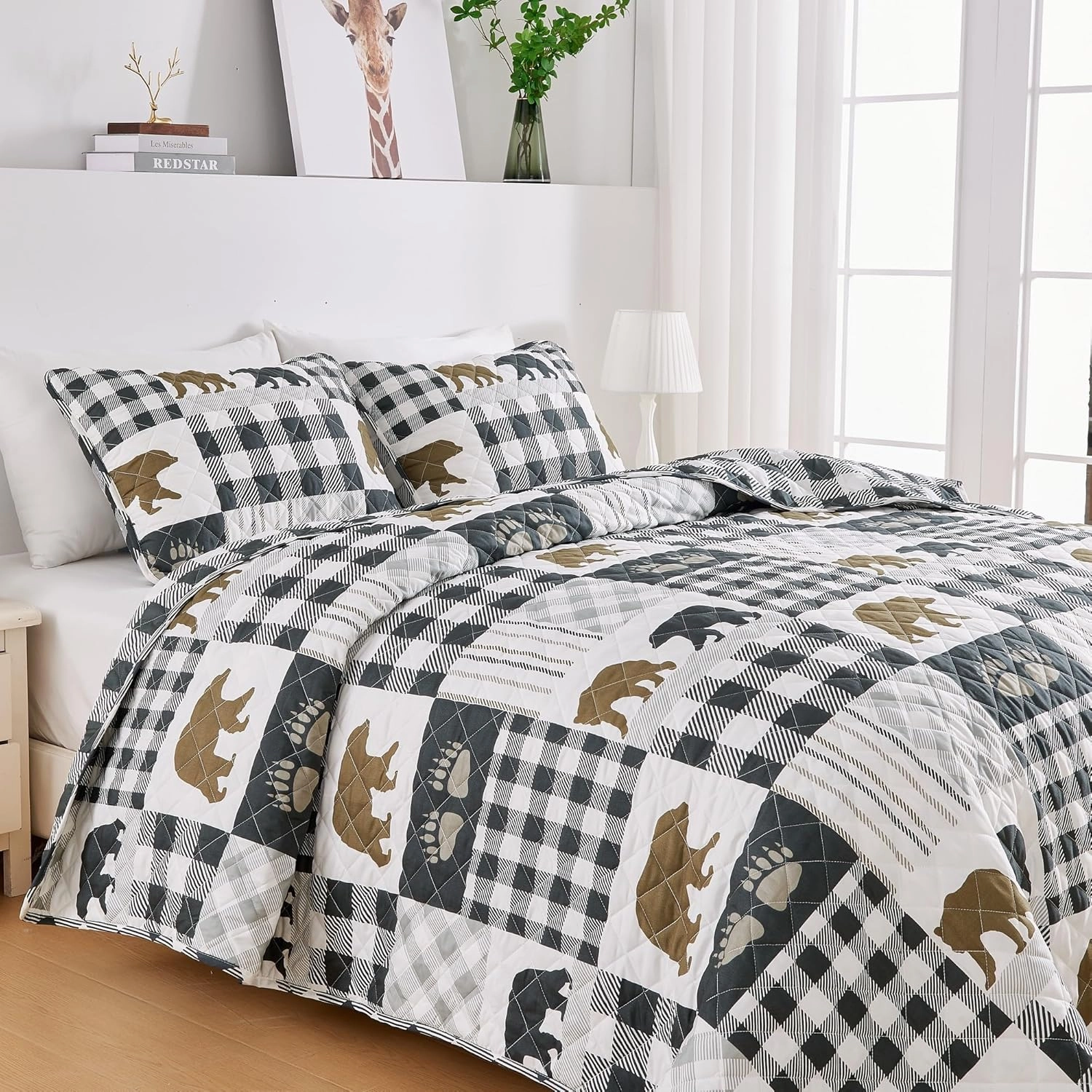 Market & Place Rustic Quilts Twin Size | 2-Piece Cabin Comforter Set with Sham | Reversible Lodge Bear Bedding for All Season | Orson Collection (Twin, Grey/Brown)