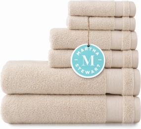 MARTHA STEWART 100% Cotton Bath Towels Set Of 6 Piece, 2 Bath Towels, 2 Hand Towels, 2 Washcloths, Quick Dry Towels, Soft & Absorbent, Bathroom Essentials, Beige