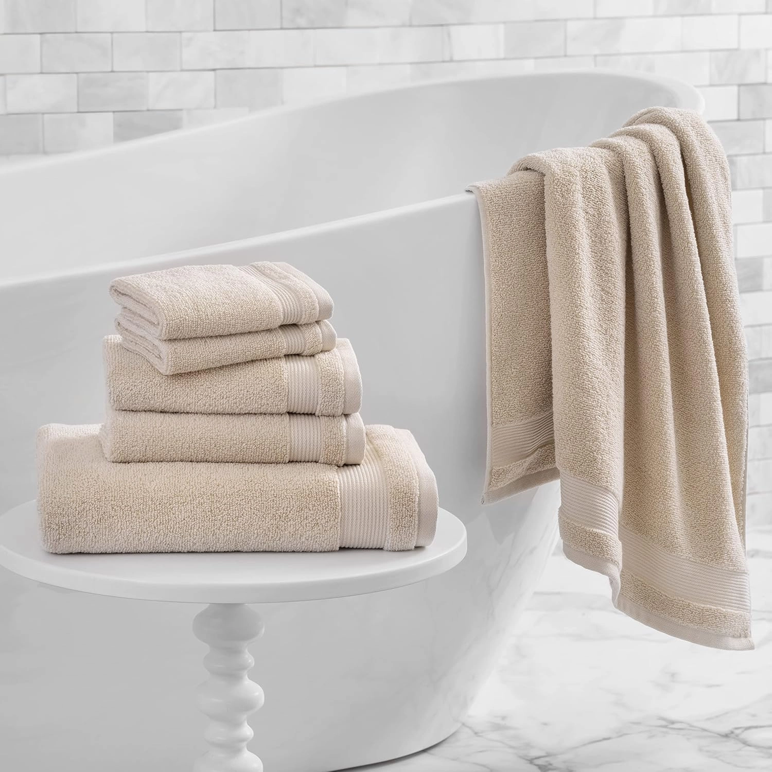 MARTHA STEWART 100% Cotton Bath Towels Set Of 6 Piece, 2 Bath Towels, 2 Hand Towels, 2 Washcloths, Quick Dry Towels, Soft & Absorbent, Bathroom Essentials, Beige