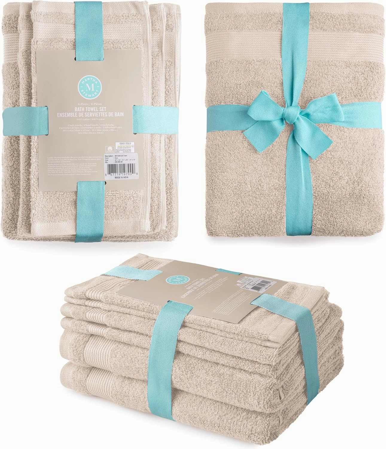 MARTHA STEWART 100% Cotton Bath Towels Set Of 6 Piece, 2 Bath Towels, 2 Hand Towels, 2 Washcloths, Quick Dry Towels, Soft & Absorbent, Bathroom Essentials, Beige