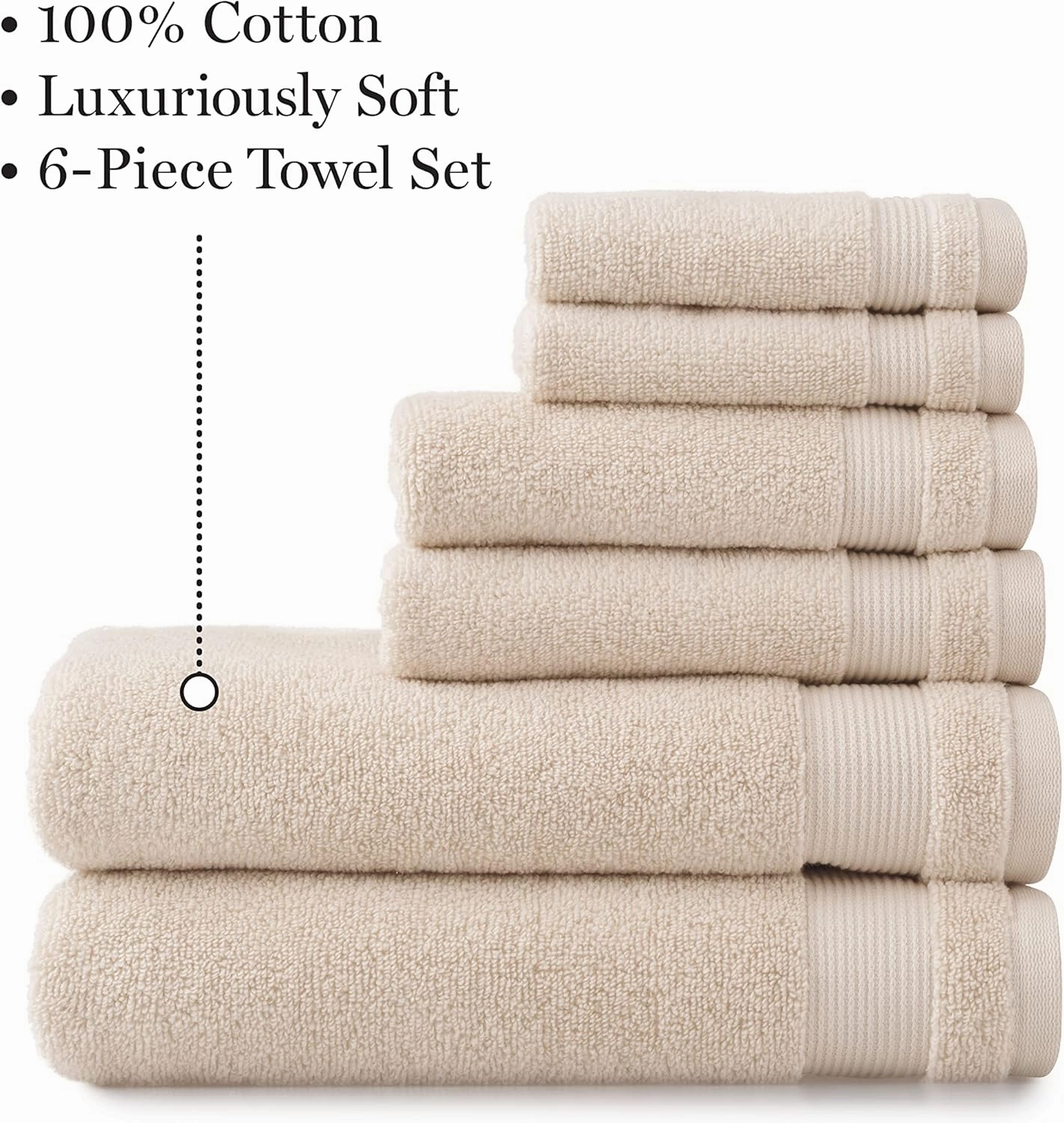 MARTHA STEWART 100% Cotton Bath Towels Set Of 6 Piece, 2 Bath Towels, 2 Hand Towels, 2 Washcloths, Quick Dry Towels, Soft & Absorbent, Bathroom Essentials, Beige