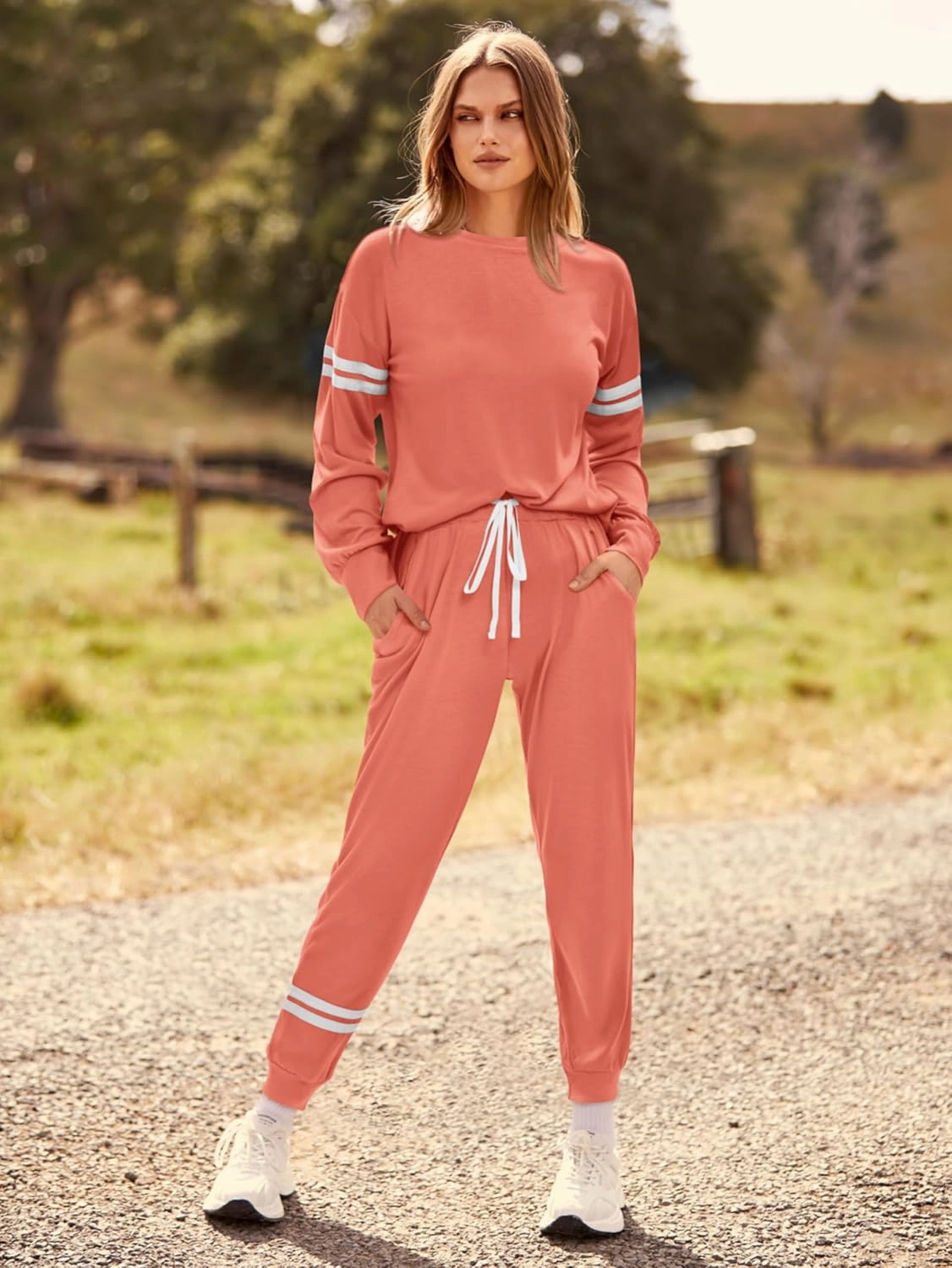 MASCOMODA 2025 Lounge Sets for Women Fall 2 Piece Outfits Tracksuit Jogger Set Long Sleeve Tops and Long Pants with Pockets