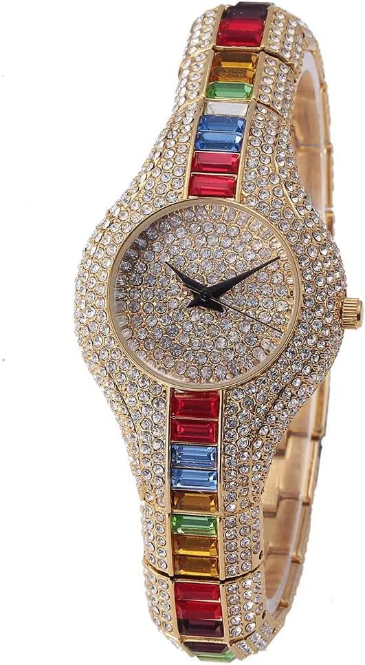 MASTOP Brand Unisex Hip Hop Luxury Bling-ed Colorful Full Diamond Watches Fashion Classic Quartz Analog Charm Bracelet Dress Wristwatches