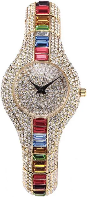 MASTOP Brand Unisex Hip Hop Luxury Bling-ed Colorful Full Diamond Watches Fashion Classic Quartz Analog Charm Bracelet Dress Wristwatches