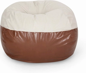 Maxi 5 Foot Two Color Fabric and Faux Leather Rounded Bean Bag, Comfortable Seating for Living Room or Bedroom, Beige and Coffee Brown